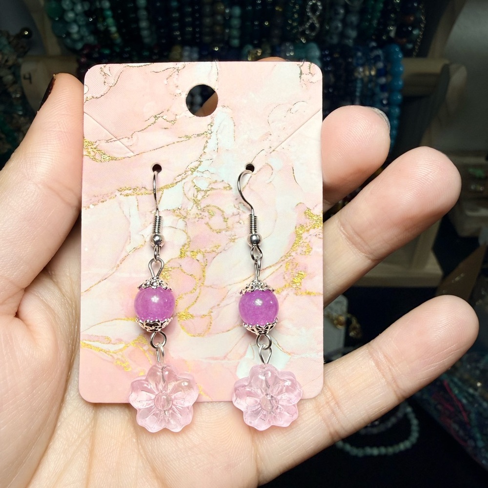 Purple Quartz & Glass Flower Drop Earrings | Handmade - Picture 3 of 4